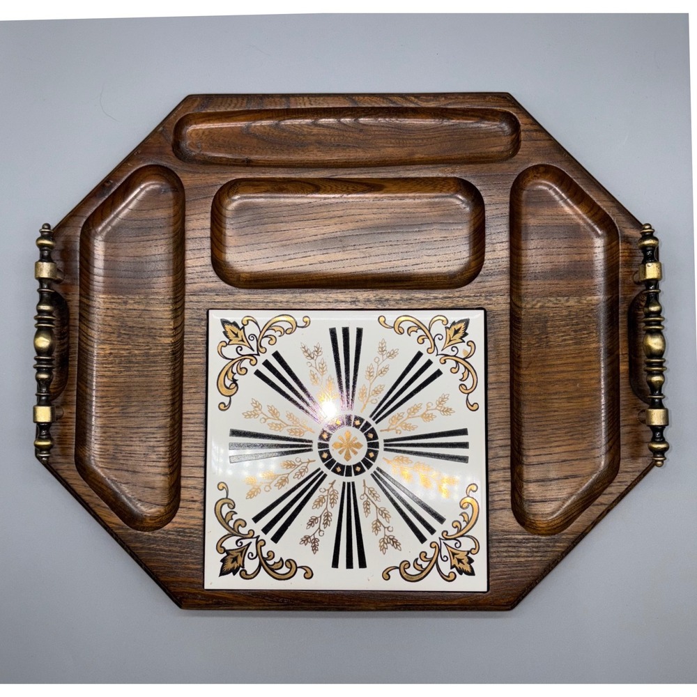Vintage‎ Wood Tile Cheese Board Serving Tray Handles MCM Black Gold